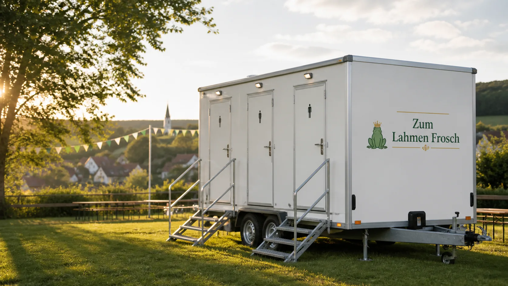Toilettenwagen mit Zum Lahmen Frosch Schriftzug für Veranstaltungen