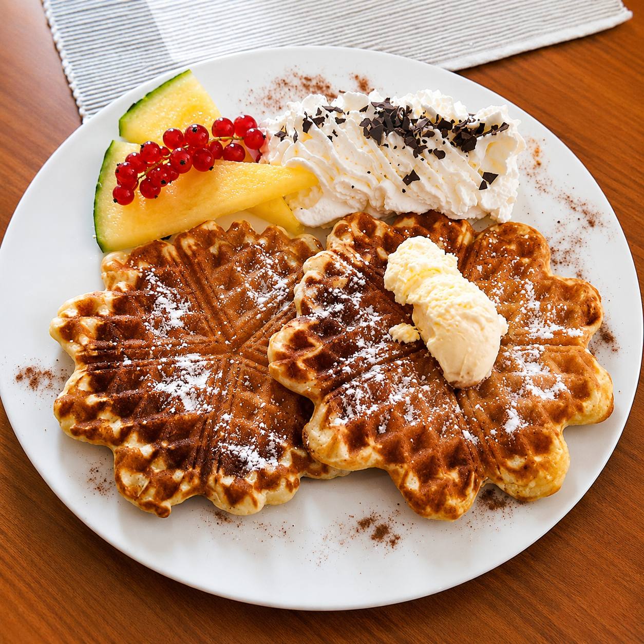 Waffeln mit Sahne, Eis und Obst